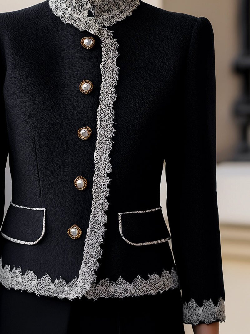 Elegant Pearl Button Blazer With Contrast Lace Trim - Image 3