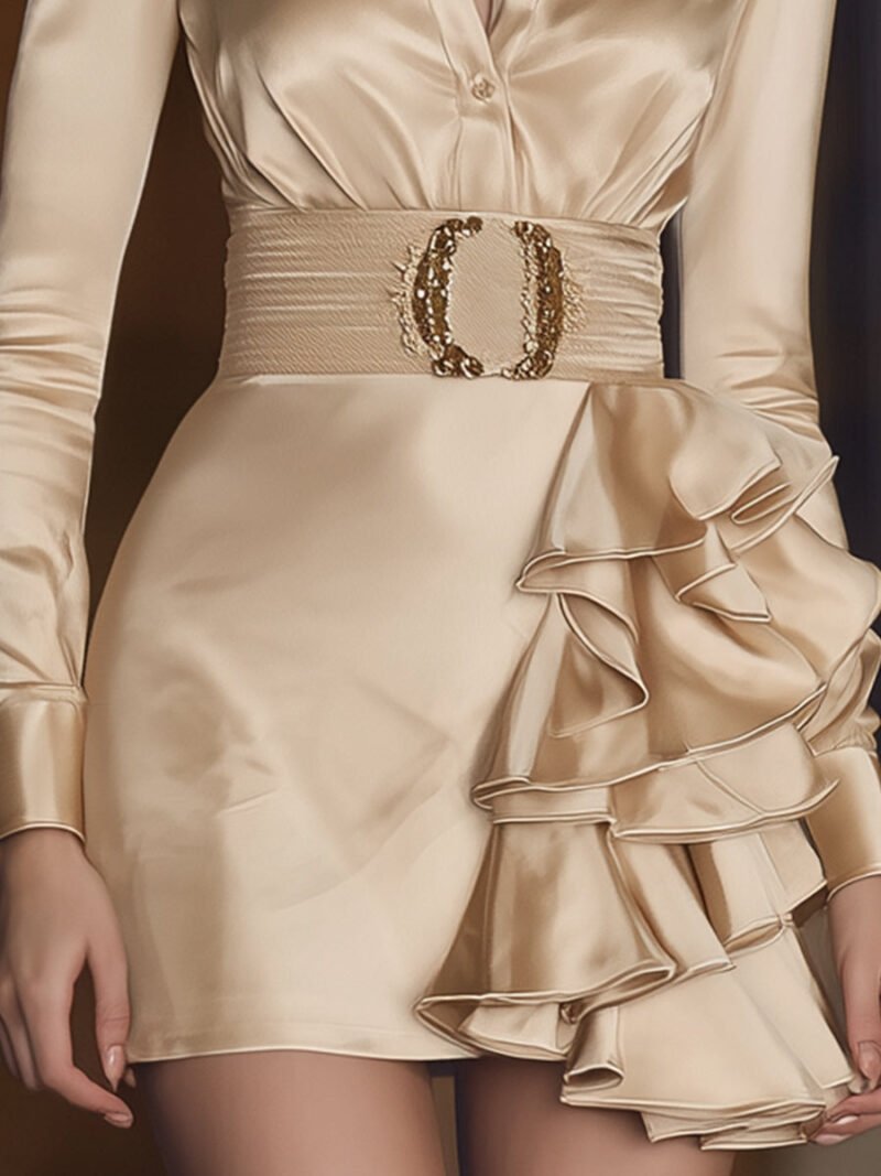 Satin Belted Shirt Dress With Asymmetric Ruffle Hem - Image 3
