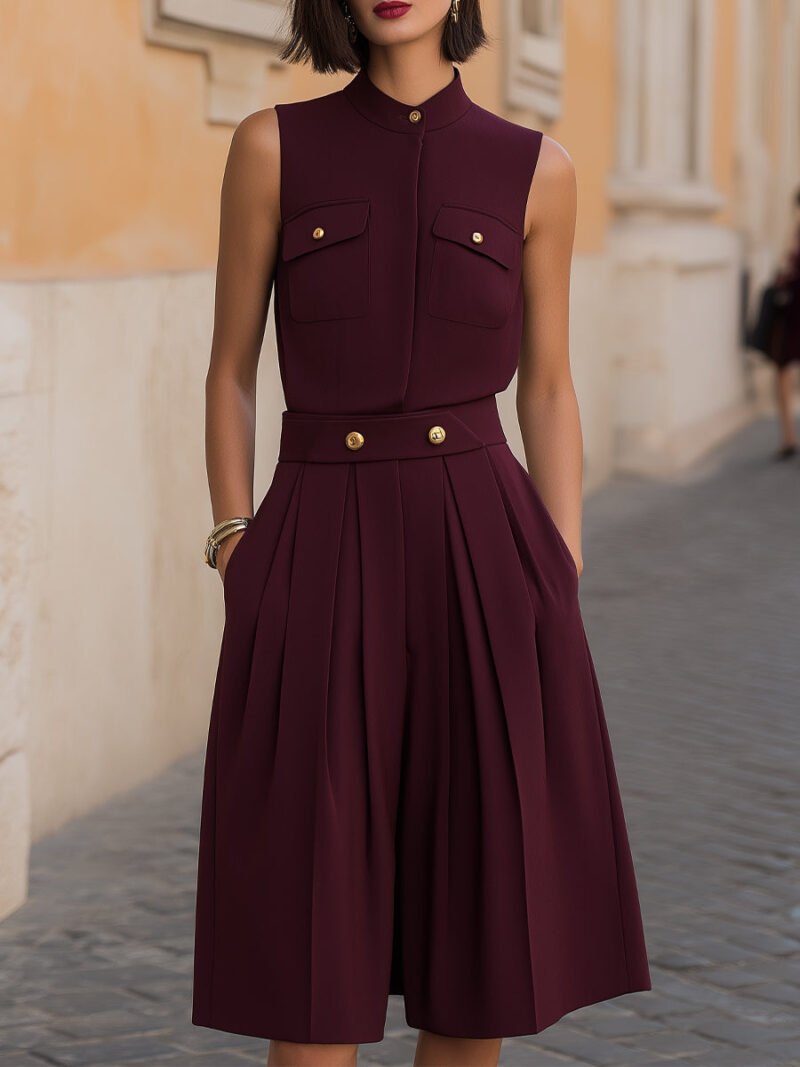 Sleeveless Stand Collar Blouse & Pleated Culotte Set